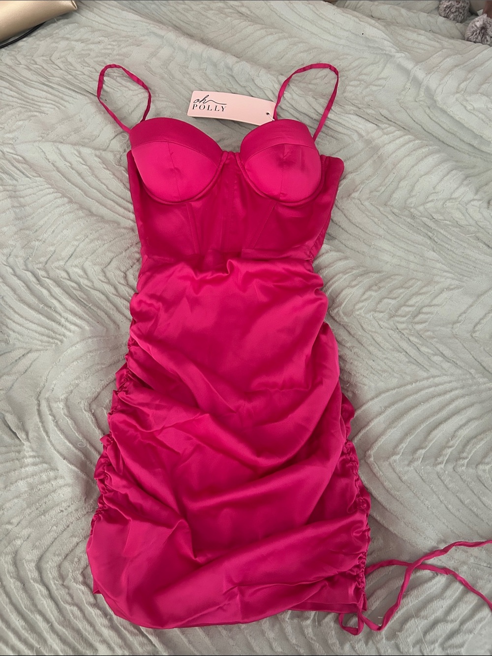 Oh Polly Fuchsia Satin Ruched Bustier Mini Dress